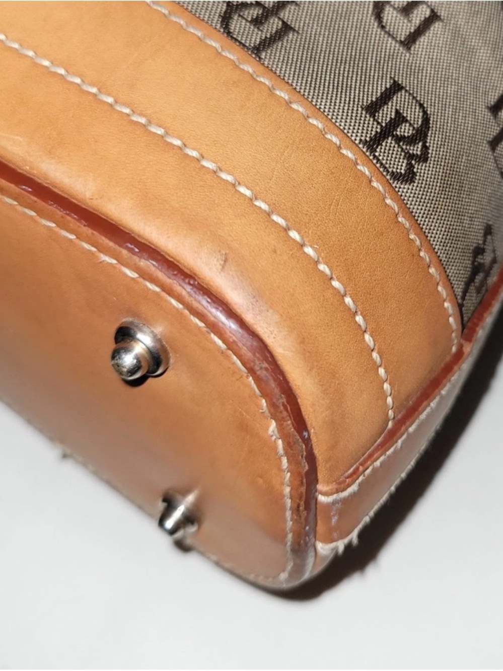 Vintage Dooney & Bourke Brown Canvas Monogram Tote Bag Tan Leather Trim - Picture 8 of 16